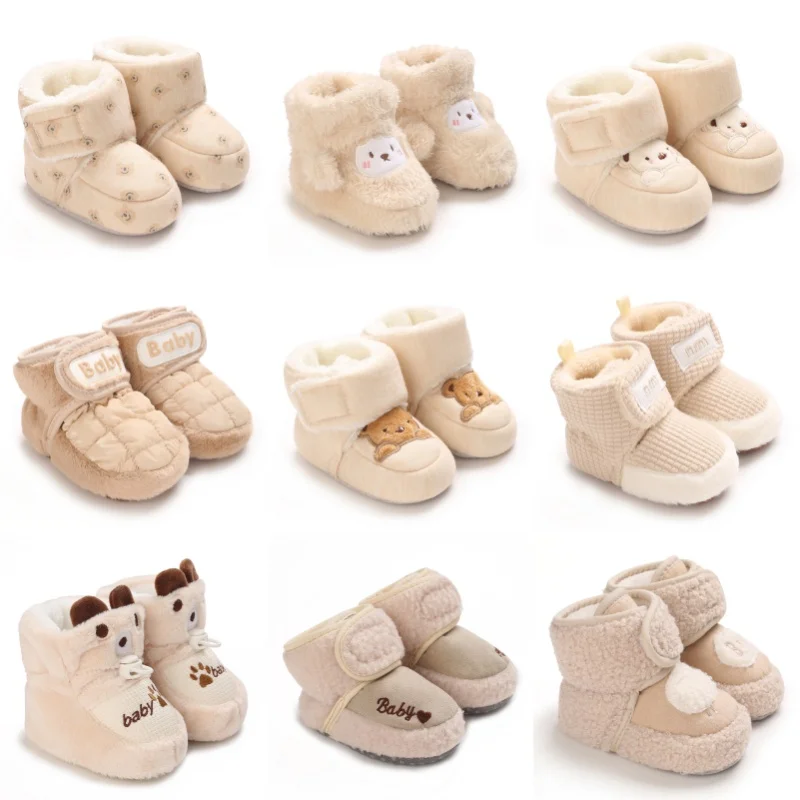 Neutral plush baby shoes in nine bear, padded, textured and reindeer designs