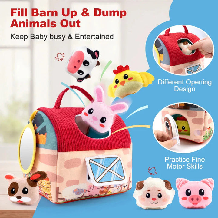 Soft farmhouse with roof and side openings for putting plush animals in and taking them out