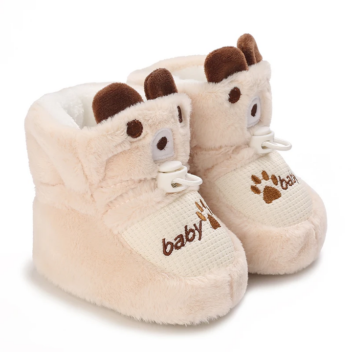 Cream plush bear baby boots with brown ears and embroidered paw details