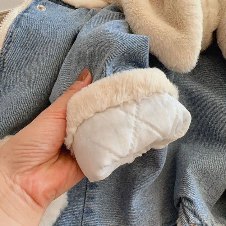 Close-up of a plush cuff and white quilted sleeve lining on the blue denim jacket