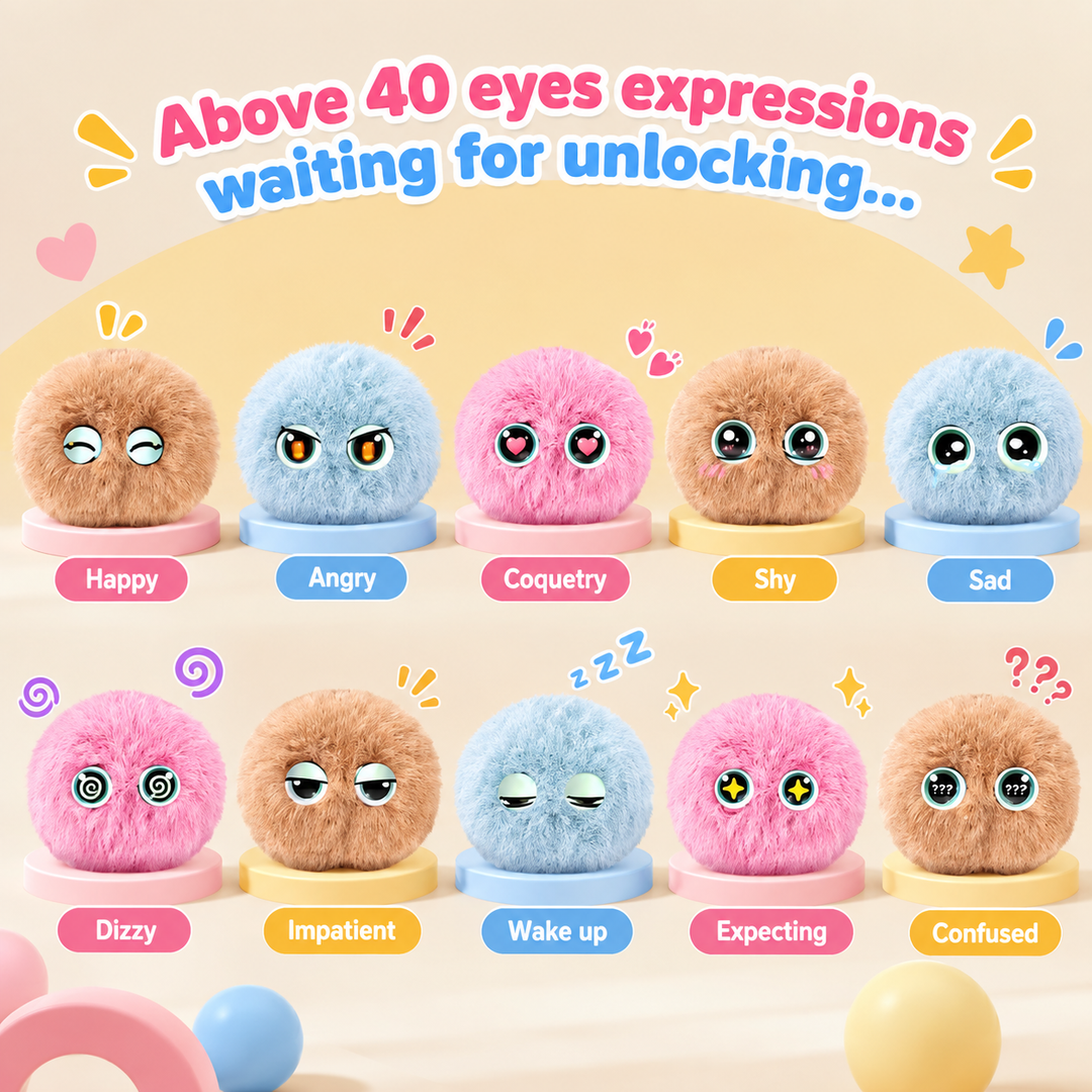 Plush eye-expression chart showing happy, angry, shy and other display styles