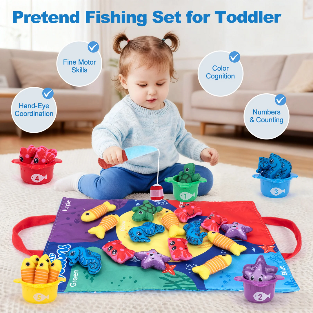 Child fishing for plush sea creatures beside five colorful numbered containers
