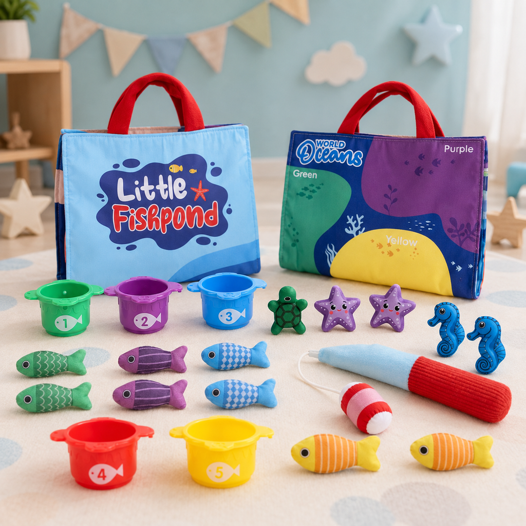 Ocean and Pond fishing game versions with plush animals, numbered containers, carry bags, and a toy rod