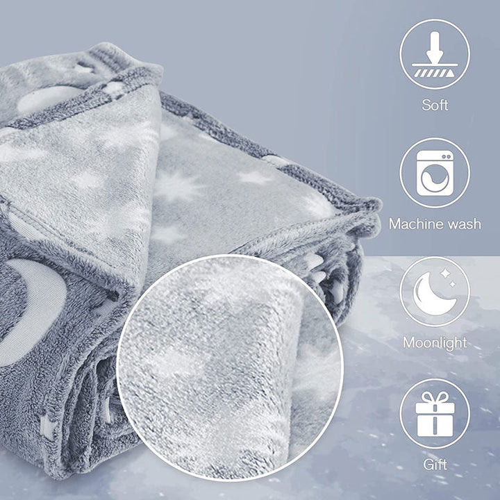 Folded gray microfiber blanket with a texture close-up and machine-wash symbol