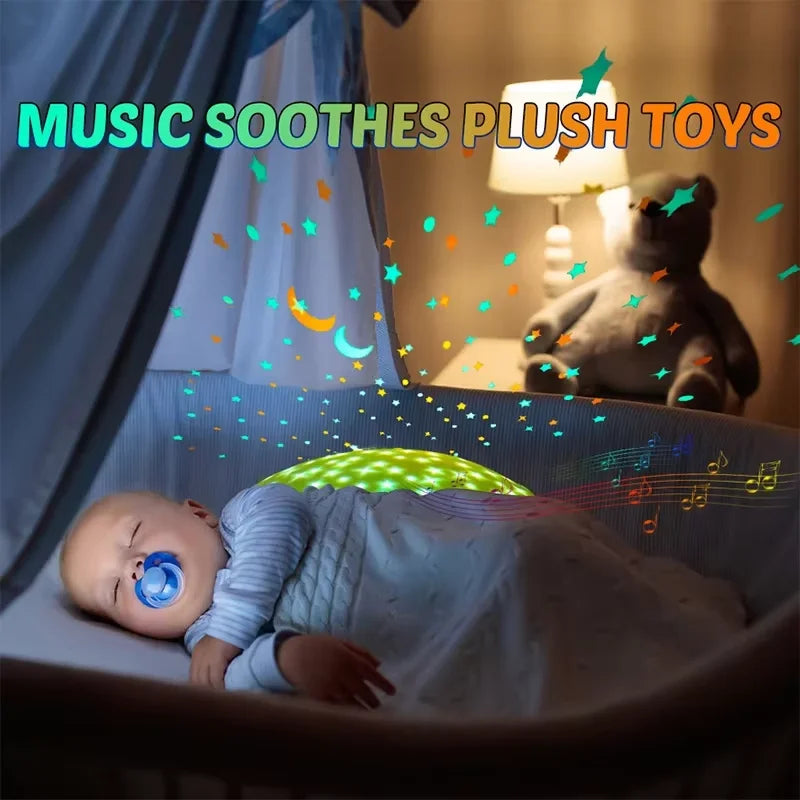 Bedtime scene showing colorful star and moon projections beside a sleeping baby
