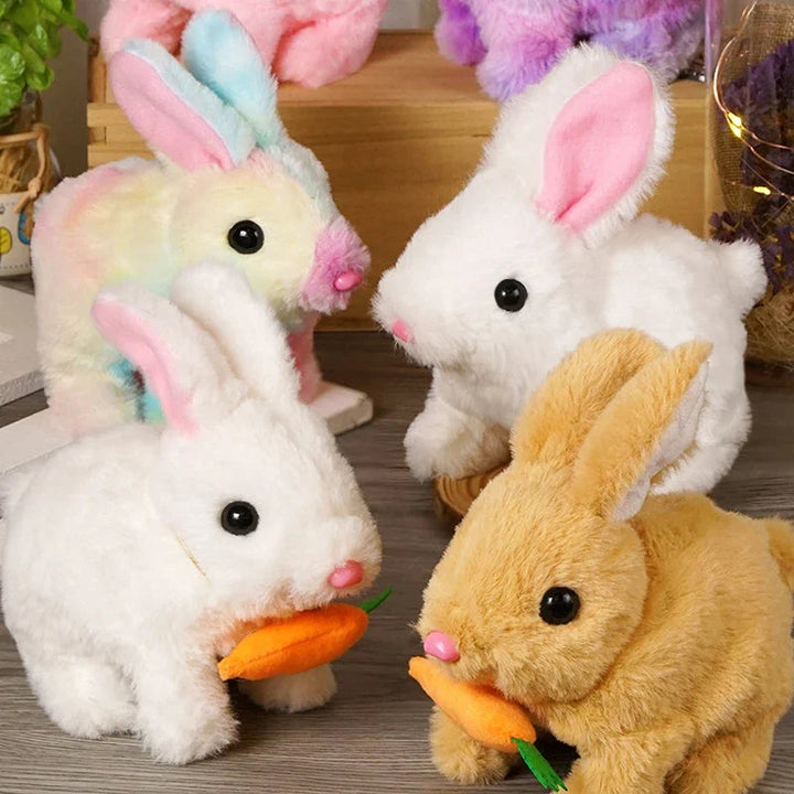 Plush rabbits in white, brown, and pastel colors with carrot accessories