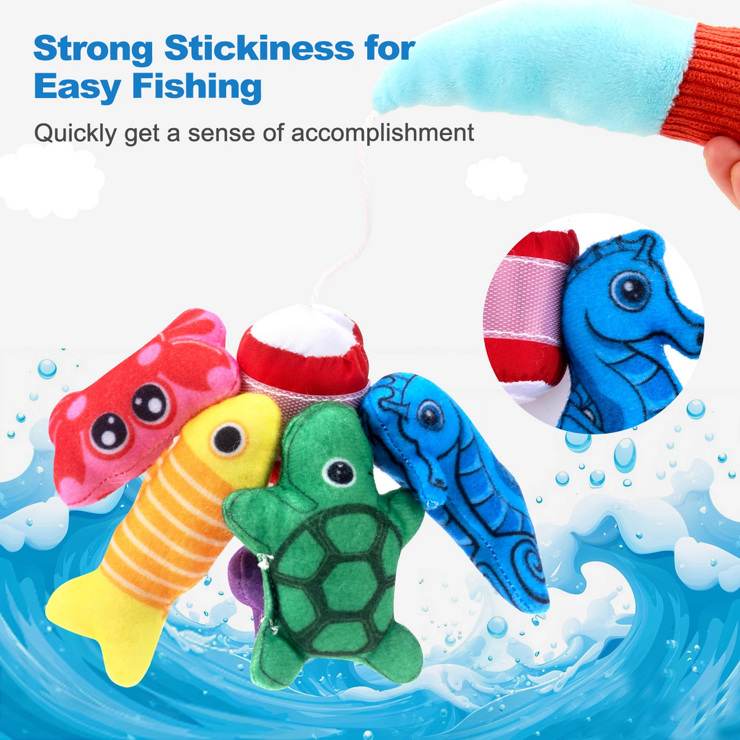 Close-up of colorful plush sea creatures around the toy fishing rod&