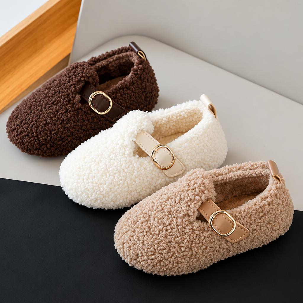 Brown, white, and beige plush shoes displayed side by side