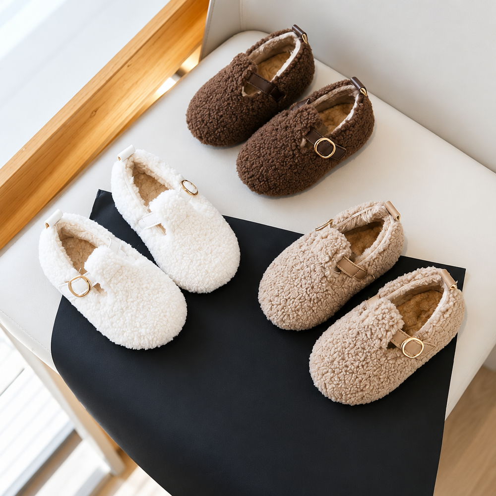 White, brown, and beige plush slip-on shoes arranged on a chair