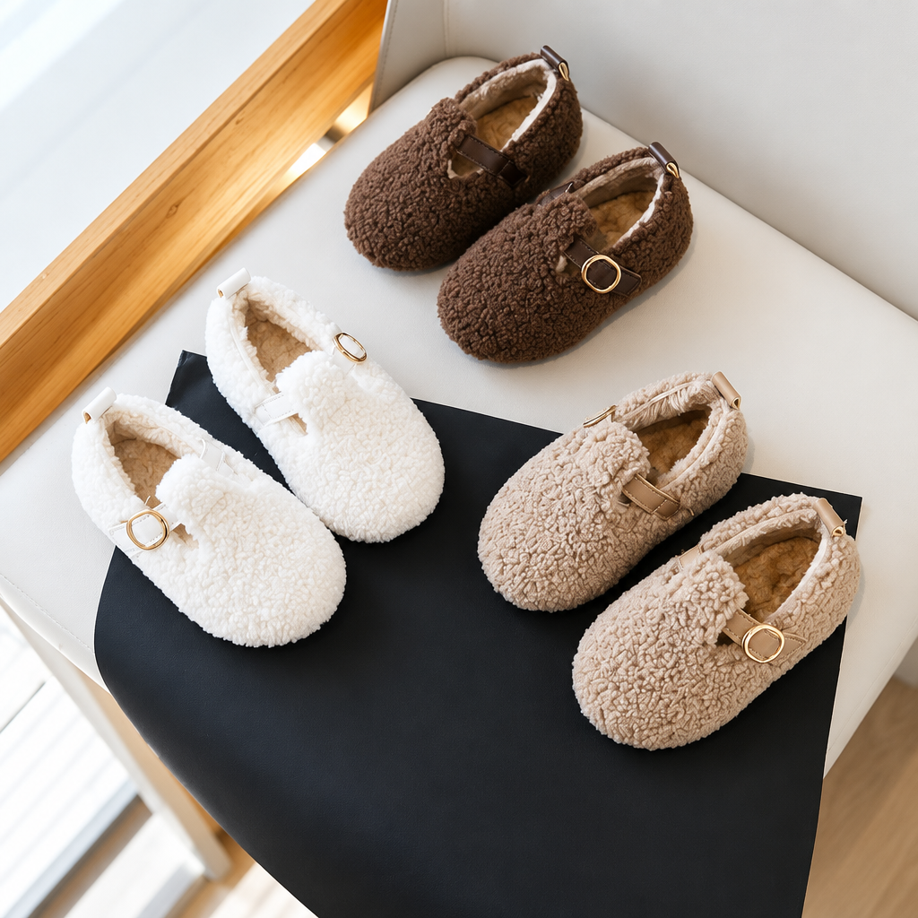 White, brown, and beige plush slip-on shoes arranged on a chair
