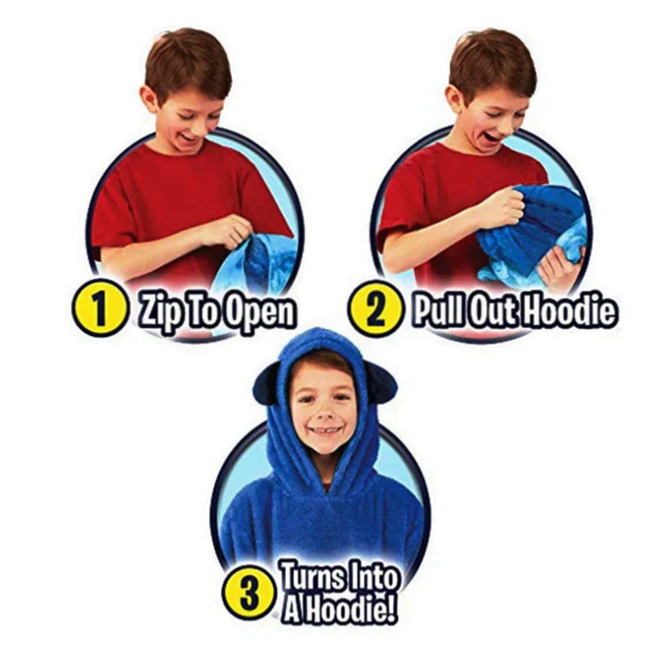 Three steps showing the blue plush toy being unzipped and unfolded into a hoodie.