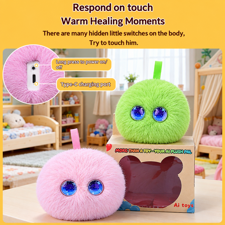 Touch-response graphic with pink and green plush toys and a close-up of the USB-C port