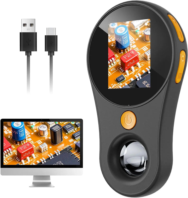 Black handheld digital microscope with orange buttons, a USB cable and a monitor showing circuit-board details.