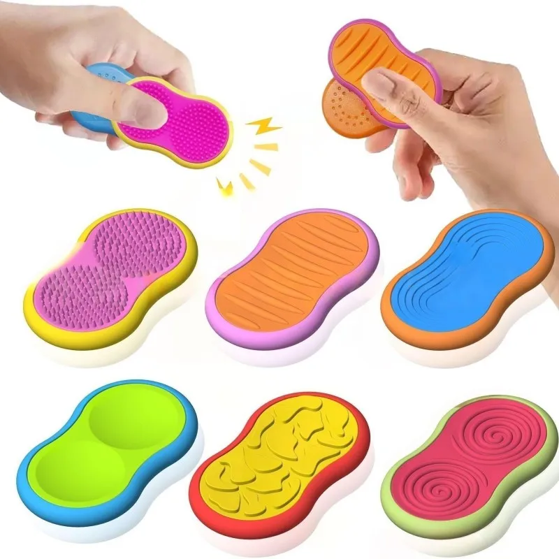 Six colorful textured magnetic fidget toys with hands demonstrating sliding movement