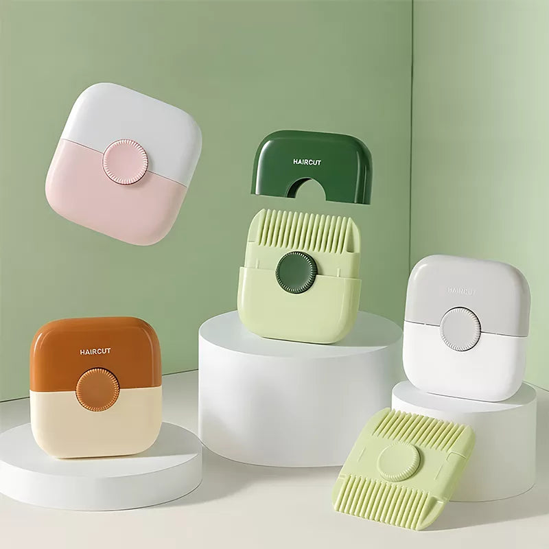 Four hair trimmer colors displayed with detached covers and a double-sided comb