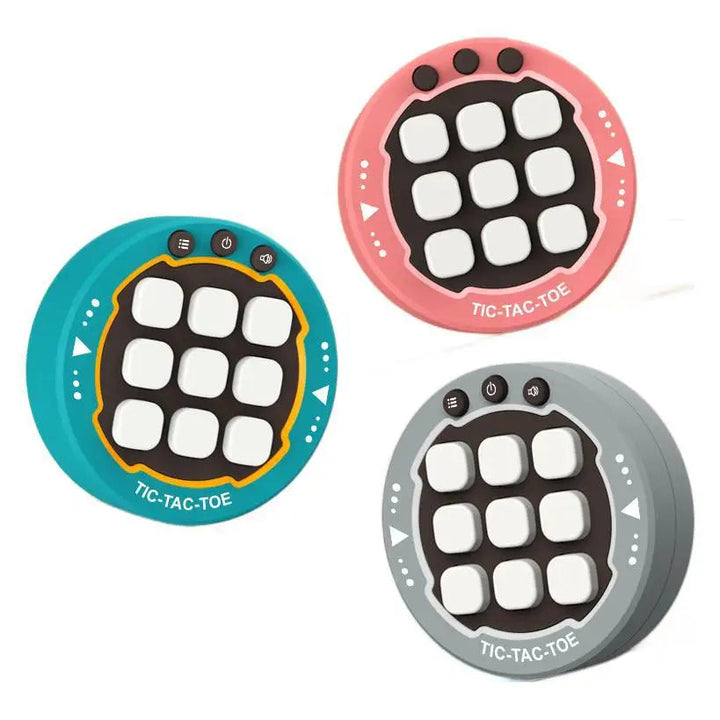 Green, pink, and gray handheld tic-tac-toe game options with nine-button grids