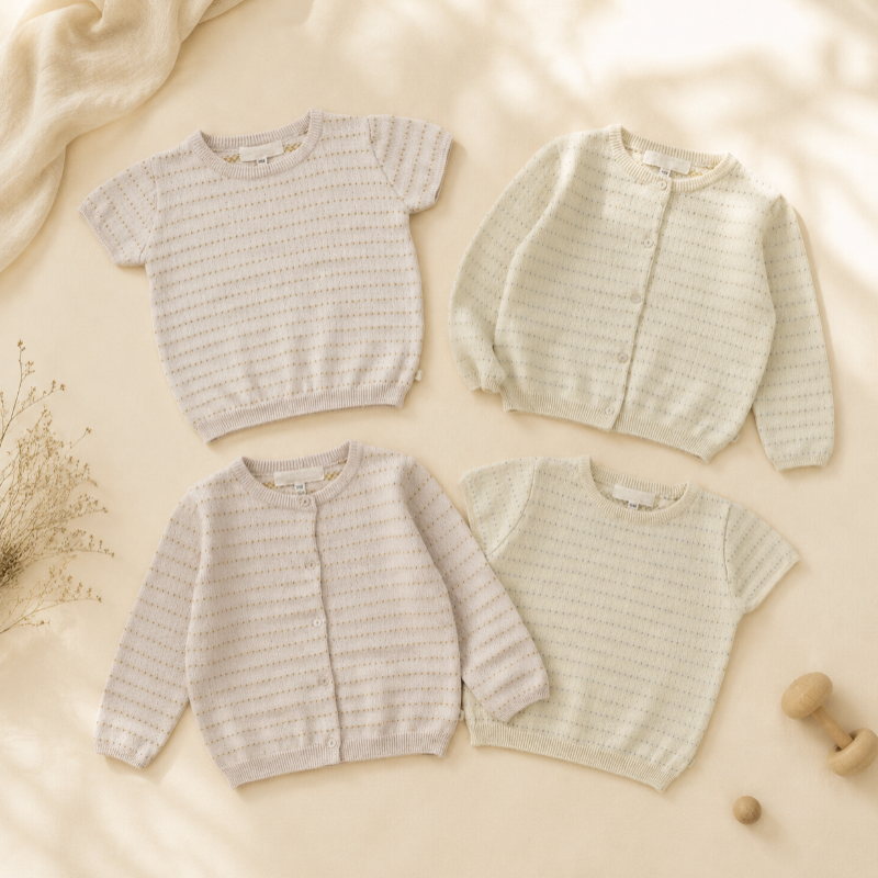 Apricot and Cream pointelle knit tops and long-sleeve button cardigans arranged together