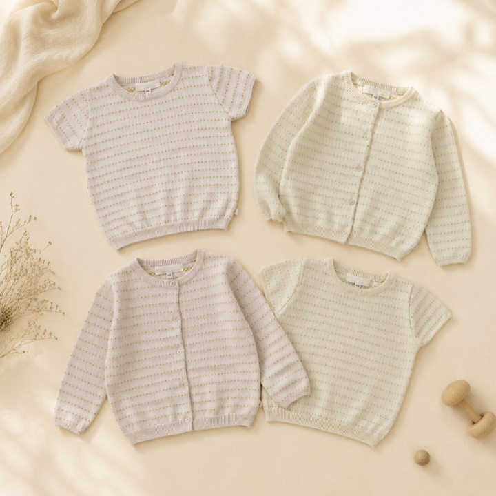 Apricot and Cream pointelle knit tops and long-sleeve button cardigans arranged together