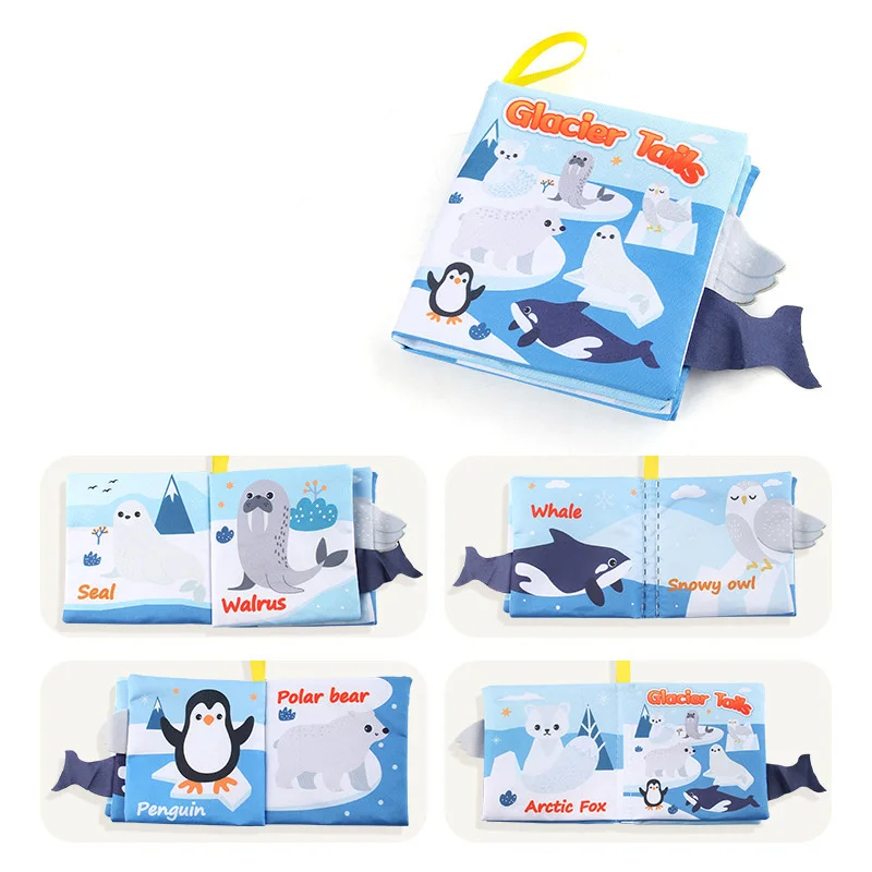 Polar animal fabric book with protruding fabric tabs and seal, walrus, penguin, and polar bear pages.