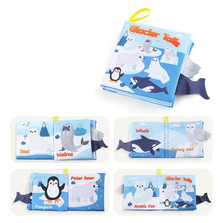 Polar animal fabric book with protruding fabric tabs and seal, walrus, penguin, and polar bear pages.