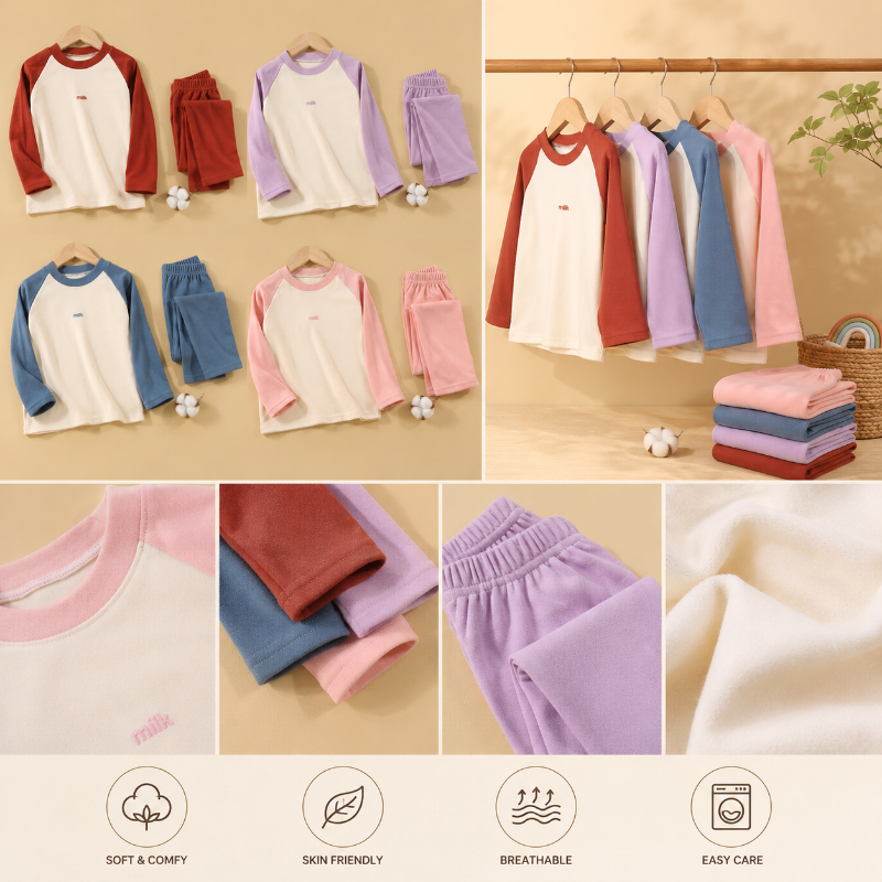 Pajama set collage showing four colors, raglan tops, matching pants, and fabric details.