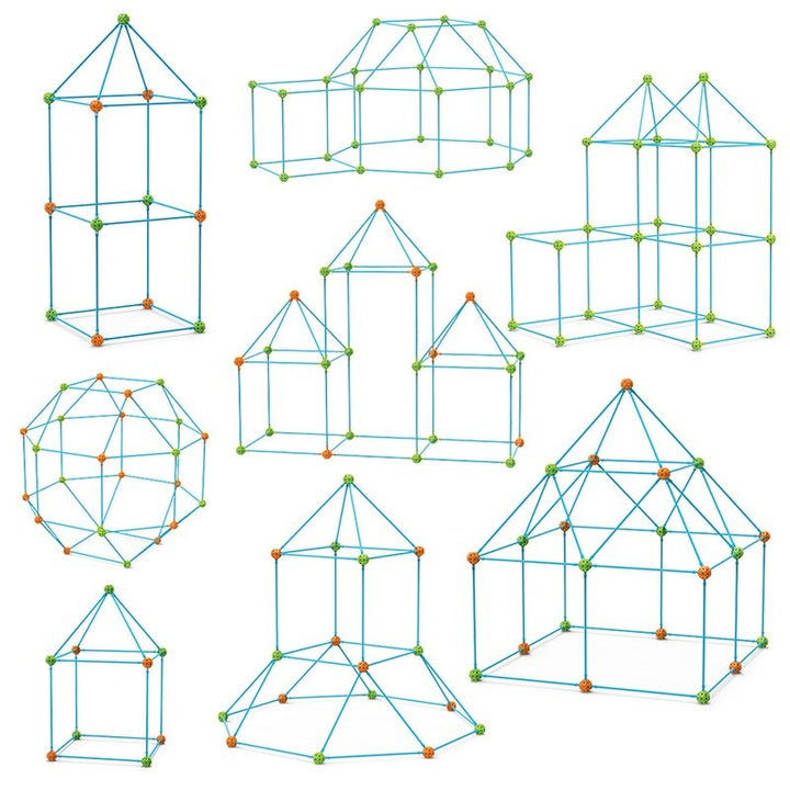 Blue pole and ball connector frames in house, tower, castle, and rounded designs