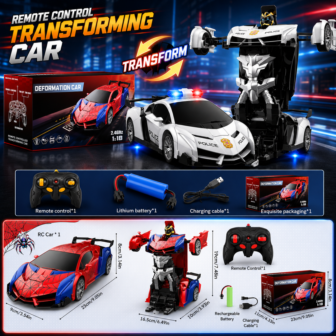 Transforming RC car styles with robot modes, controllers, rechargeable batteries, and charging cables