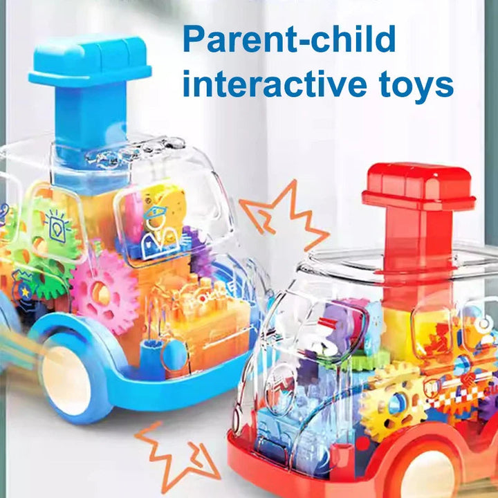 Blue police car and red fire truck toys shown together with transparent bodies and colorful gears