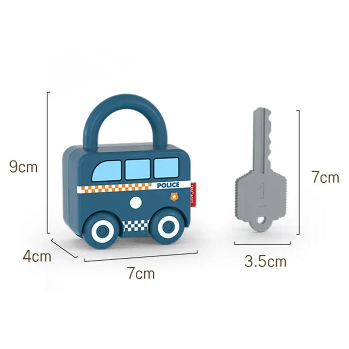 Police car lock measuring 9 cm tall, 7 cm wide, and 4 cm deep beside its gray key.