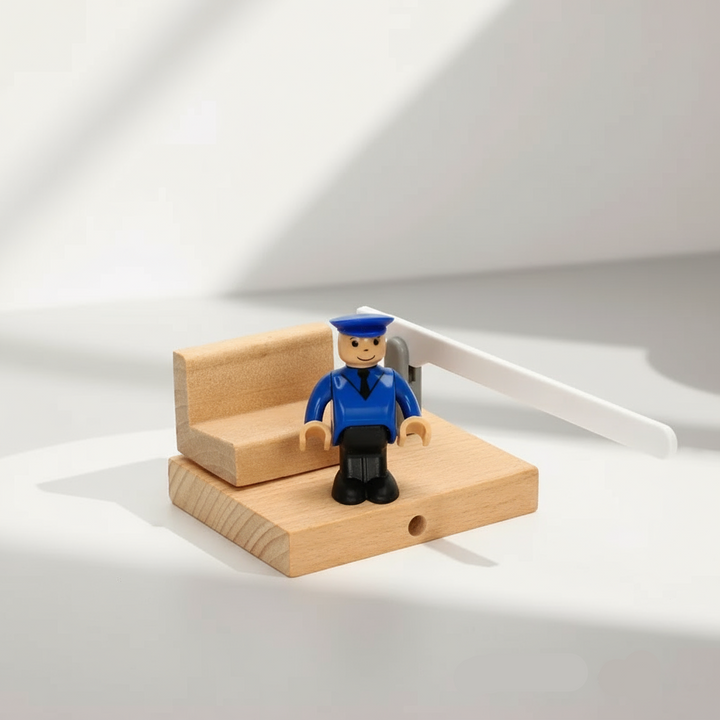 Toy police figure beside a bench and white barrier on a wooden base