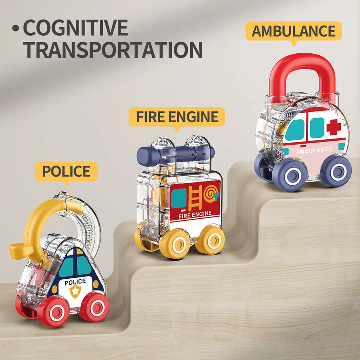 Police car, fire engine, and ambulance lock toys arranged on stepped blocks