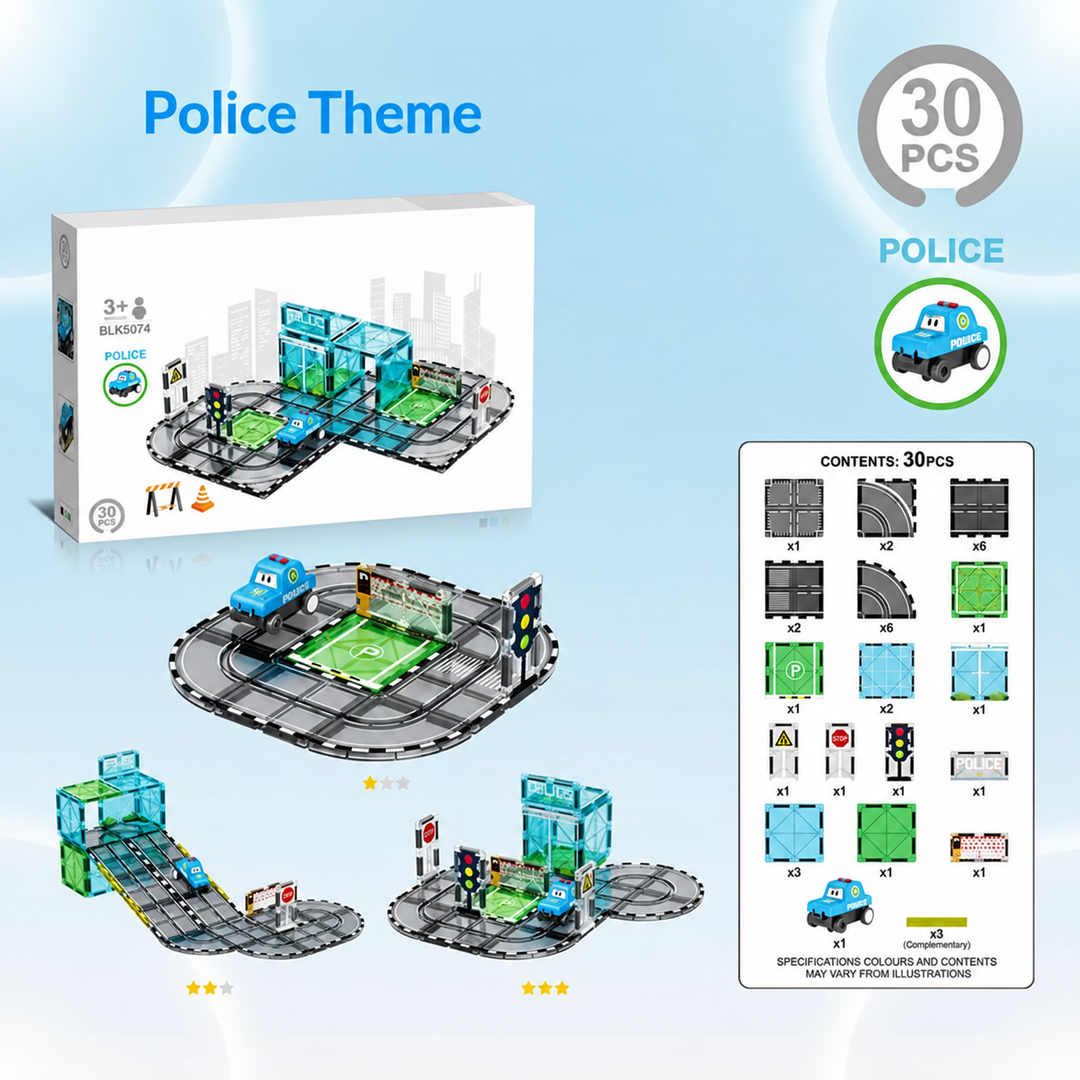 30-piece police magnetic road set with a blue police car and contents chart