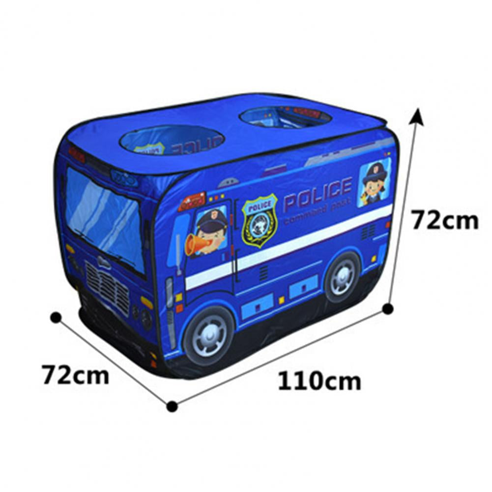 Blue police car tent dimension diagram showing 110 cm length, 72 cm width, and 72 cm height