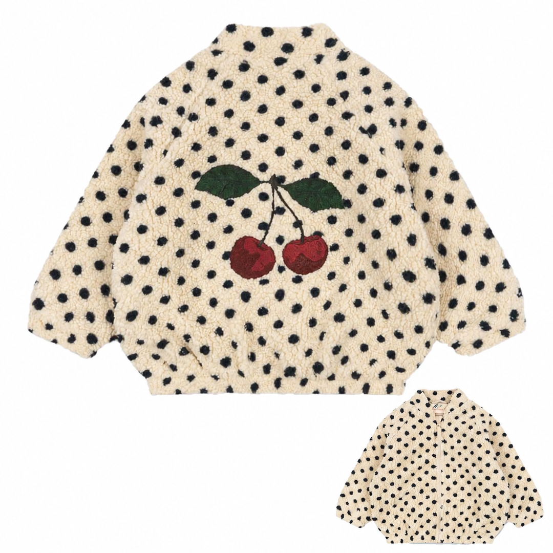 Cream polka dot fleece jacket with a cherry graphic on the back and a front-view inset