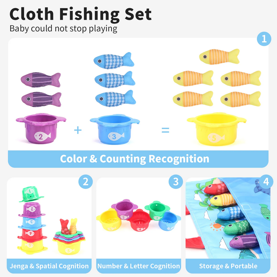 Pond game graphic showing fish sorting, counting, container stacking, and carry-bag storage