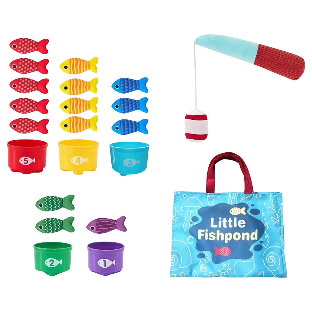 15 colorful fish with five matching cups, a magnetic fishing rod, and a blue handled storage bag