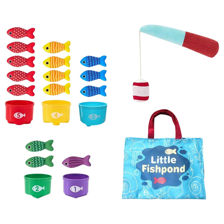 15 colorful fish with five matching cups, a magnetic fishing rod, and a blue handled storage bag
