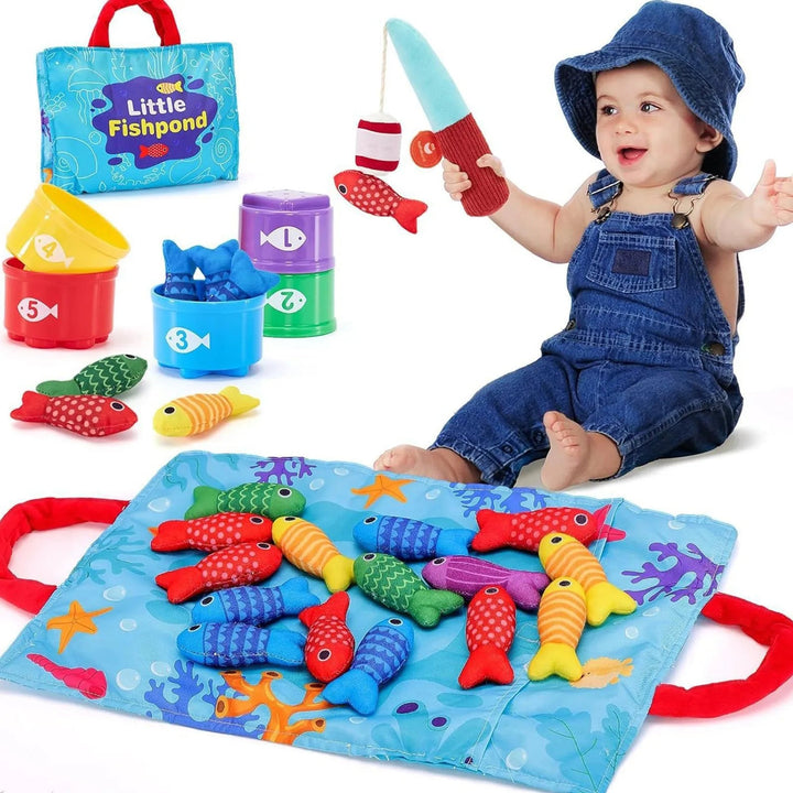 Child holding a fishing rod with a red fish beside colorful cups and an open pond-themed bag