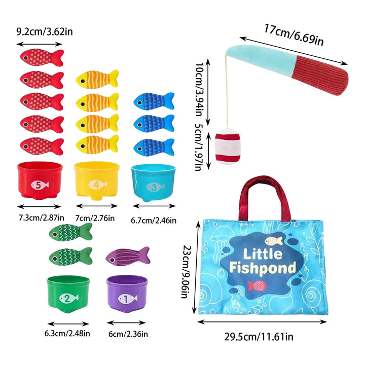 Size chart showing the fishing rod, fish, five cups, and a 23 by 29.5 cm storage bag