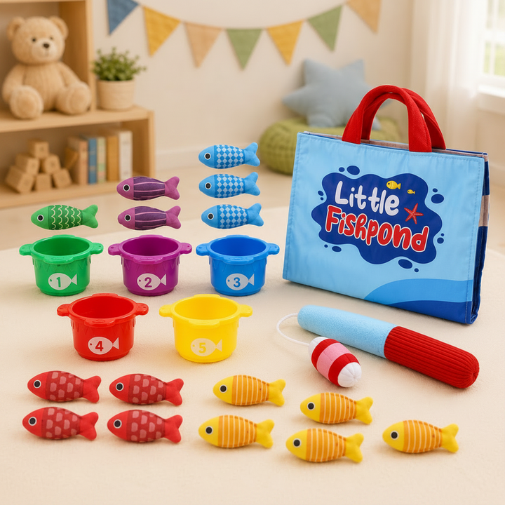 Pond fishing set with colorful plush fish, five numbered containers, a toy rod, and a carry bag