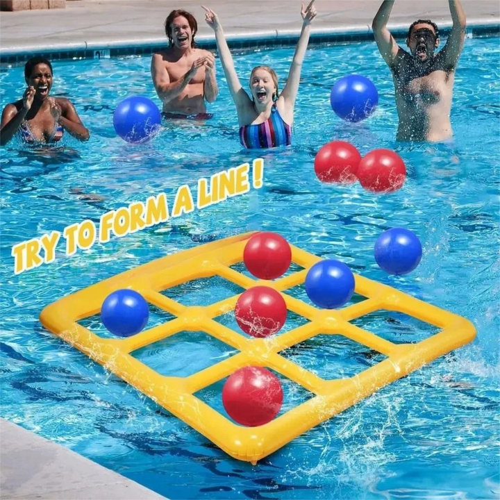 Group playing in a pool with a yellow floating game grid and red and blue balls