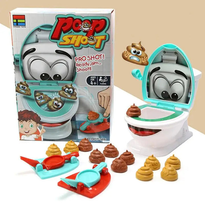 Boxed toilet catapult game with a white and turquoise toilet, two launchers, and poop-shaped pieces