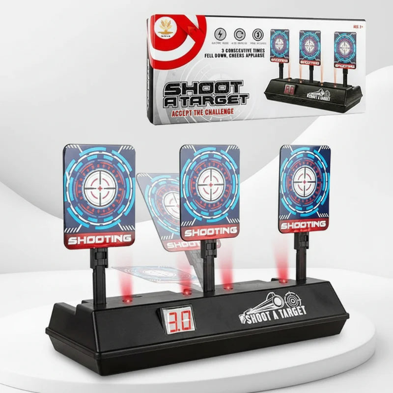 Electronic target shooting game with three upright targets, a digital score display and retail box