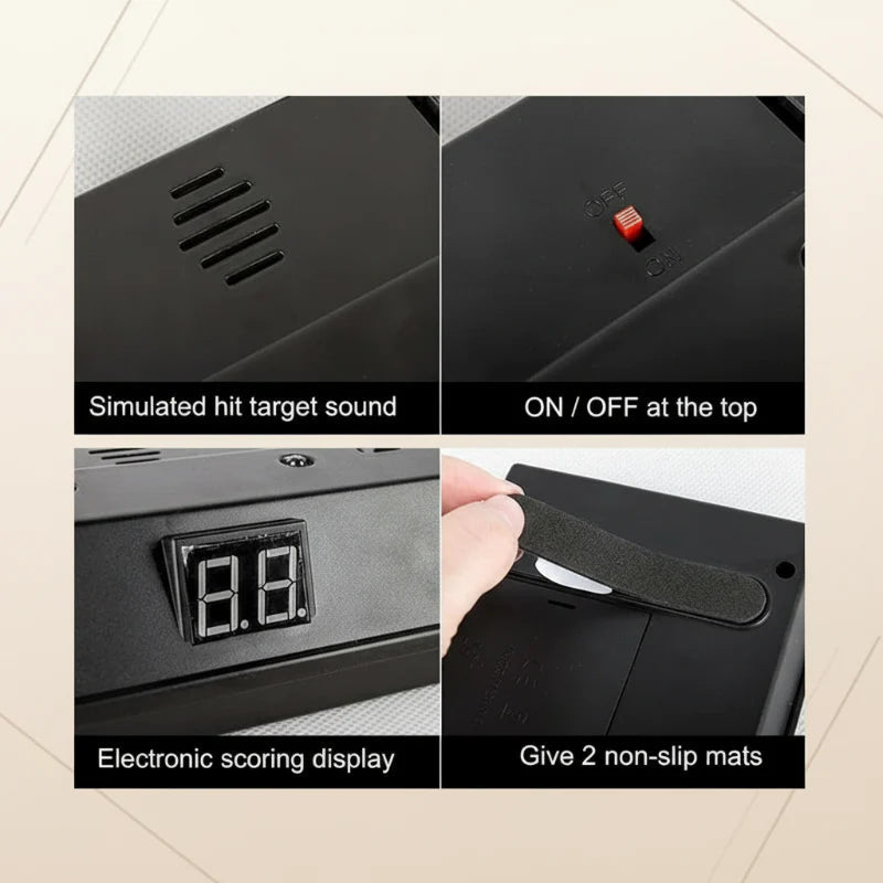 Close-ups of the speaker, power switch, digital score display and two base pads