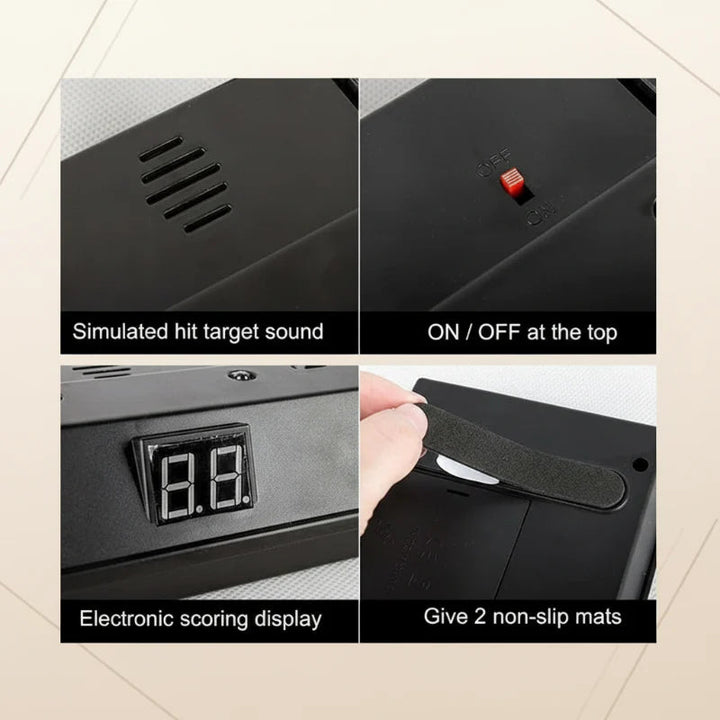 Close-ups of the speaker, power switch, digital score display and two base pads