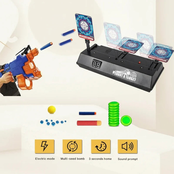 Electronic target game with one target upright and two lowered during toy blaster play