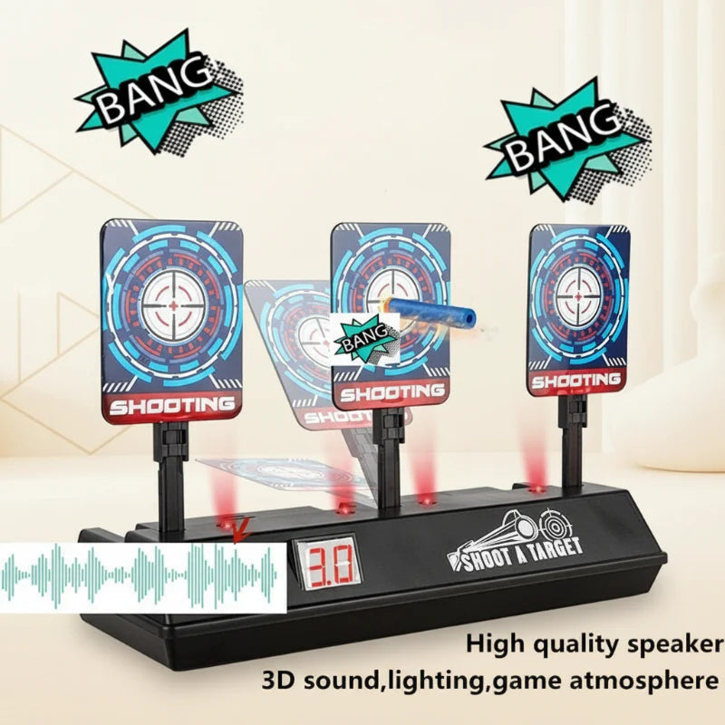 Three-target electronic game graphic highlighting hit sounds, flashing lights and the digital score display