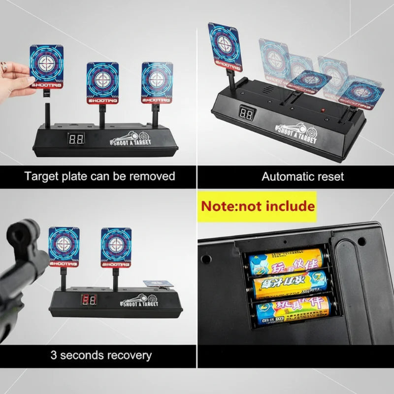 Feature panels showing removable target plates, automatic reset and the battery compartment