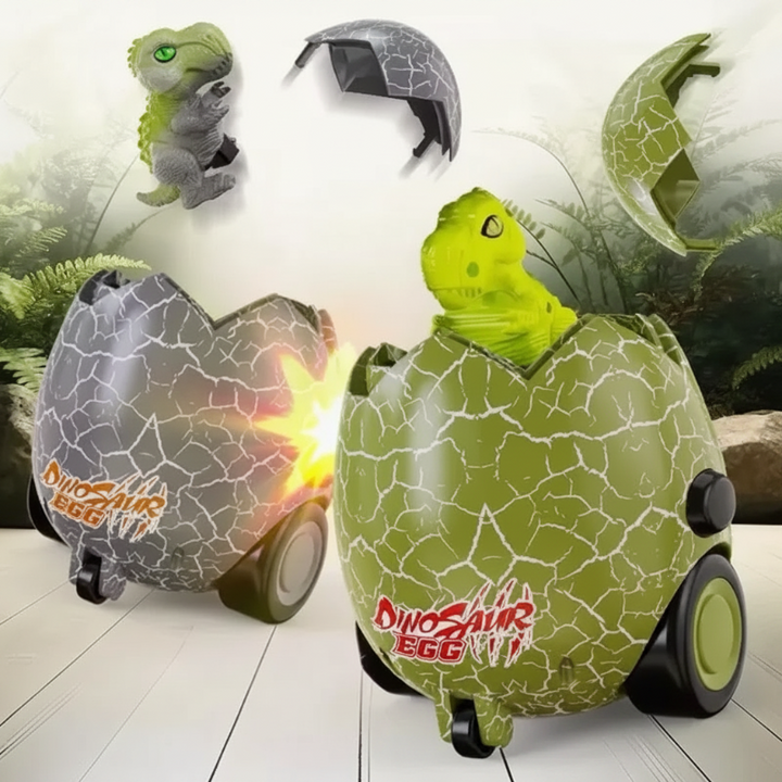 Green and gray egg cars with opening shells and pop-out dinosaur figures