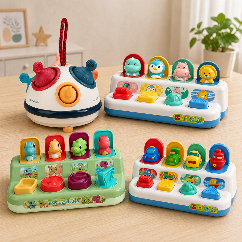 Animals, Cars, Dinosaurs, and UFO activity toy designs on a wooden table